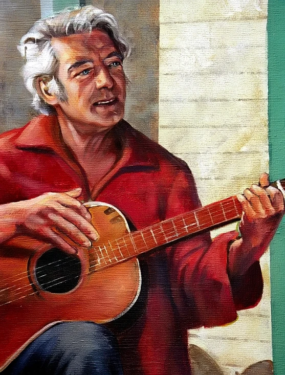 a painting of a man with grey hair holding an acoustic guitar