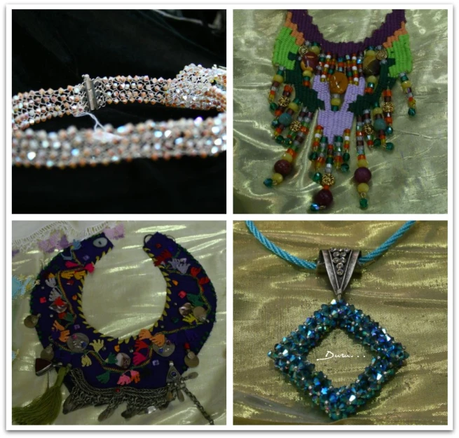 four different pictures of beaded jewelry from the 1970's