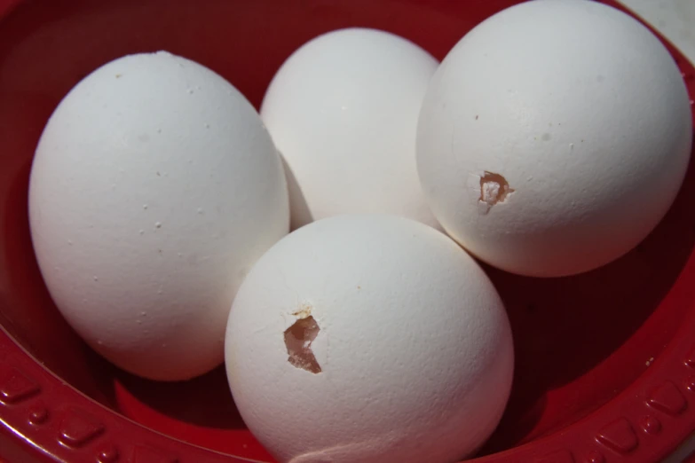 three white eggs are in a red bowl