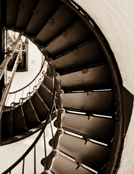 view looking down the stairs at a building