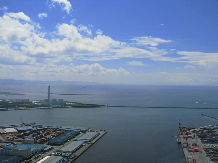 an aerial view of the water with a harbor