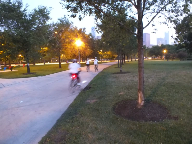 bicyclist riding in a bike path at night with traffic passing