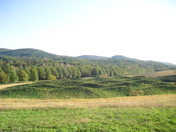 a field that has grass and mountains in it