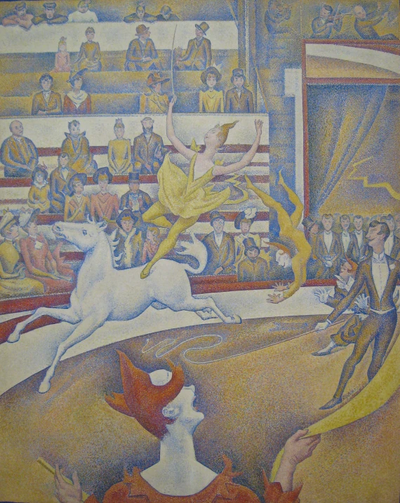 a painting shows a person on a horse, with others seated