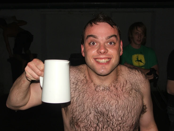 man in a sheep outfit holding a coffee mug