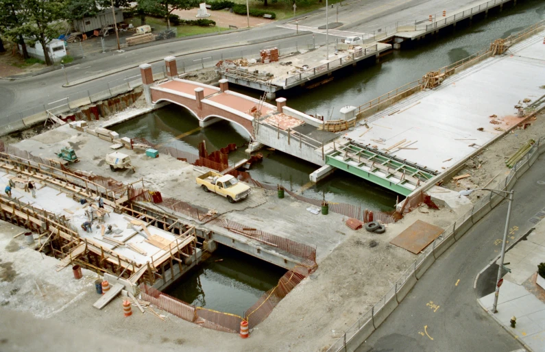 an aerial po of the canal construction near a bridge