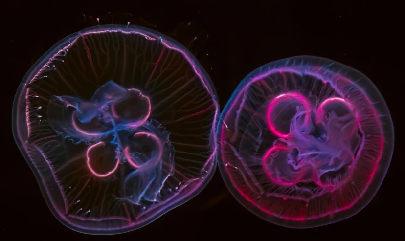 a group of jellyfish's are illuminated in the dark