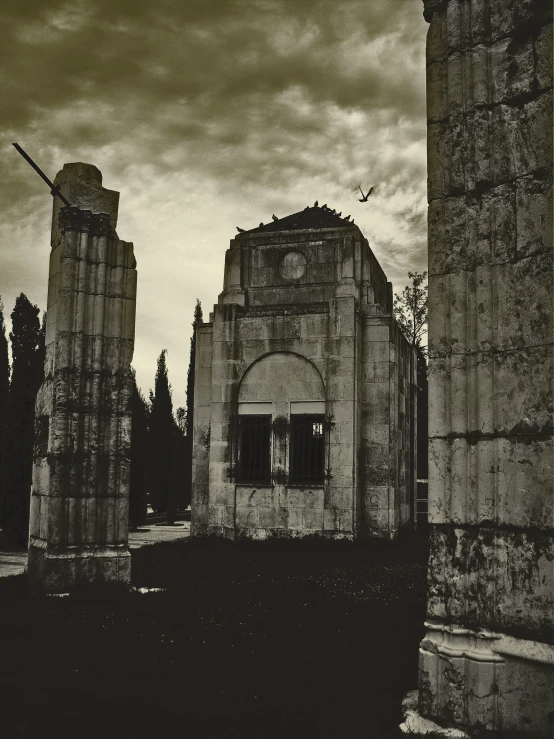 sepia toned pograph of the ruins at a graveyard