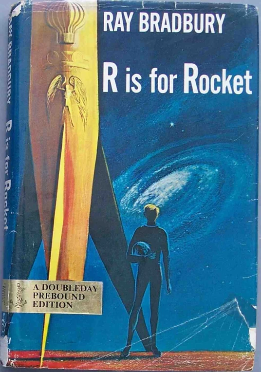 a book cover with an image of a man standing in front of a rocket