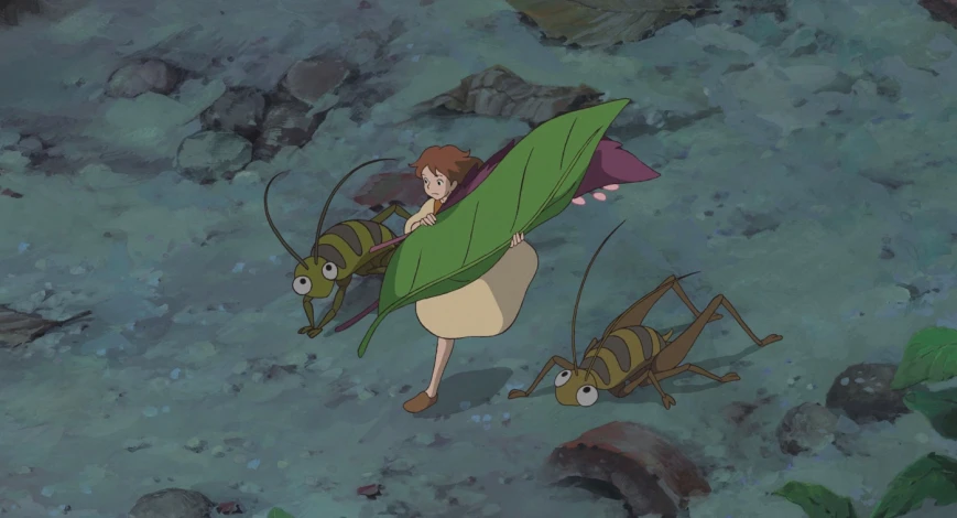 a woman in a costume carrying a leaf with two bugs on it