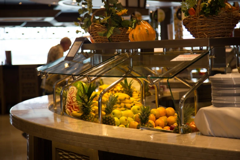 the inside of a large kitchen with many foods in it