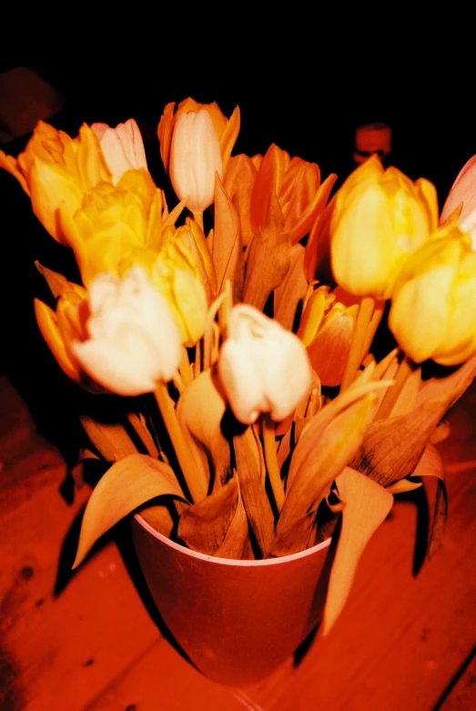 a white and yellow vase full of tulips