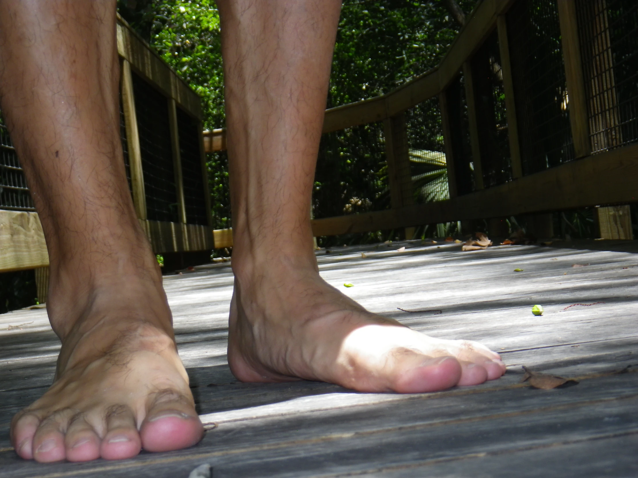 a bare foot standing on the side of a wooden platform