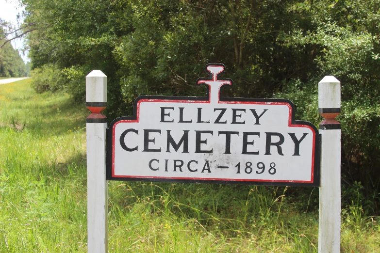 sign in grassy area showing name of cemetery