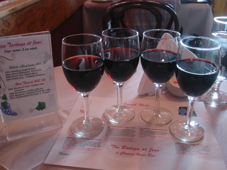 four wine glasses on the table at a restaurant