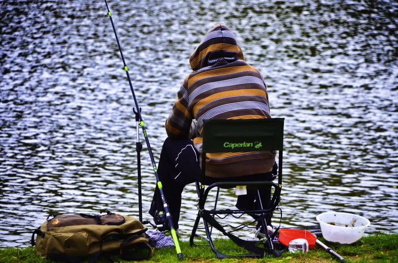 a man fishing on the edge of a lake