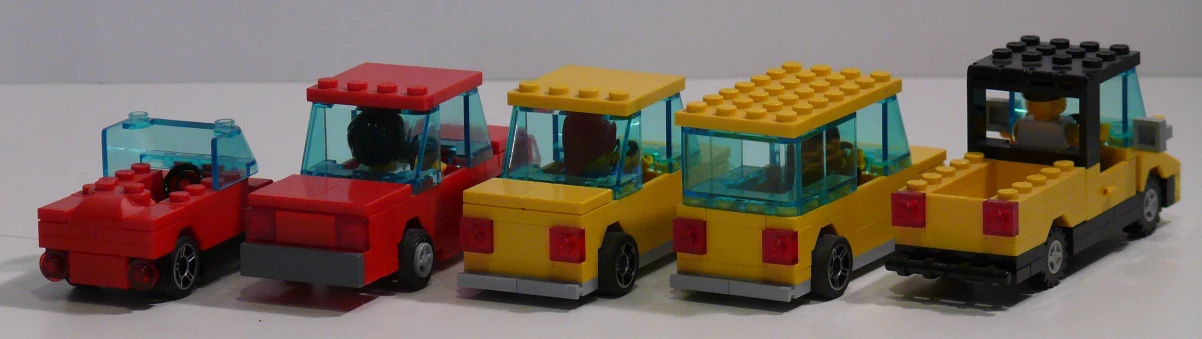 lego vehicles in various colors and styles displayed