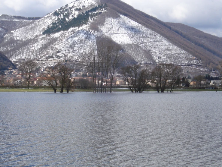 a lake surrounded by mountains, and trees with snow on top