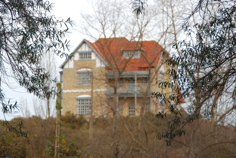 the front of a large brown house surrounded by brush