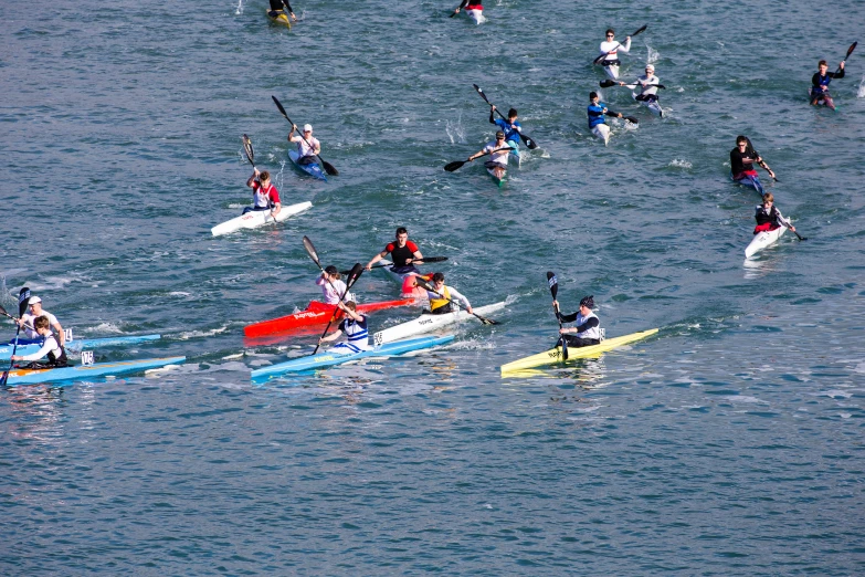 a group of people on paddle boards paddling through the water