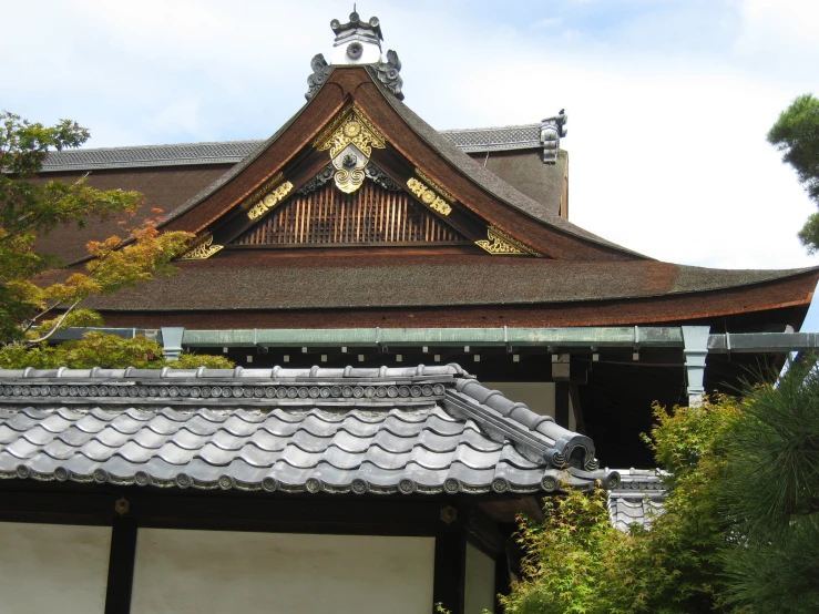 a black and white building with ornate roof designs