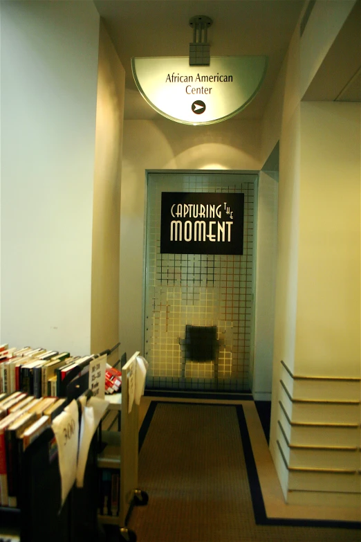 the view of a hallway in an american bank office