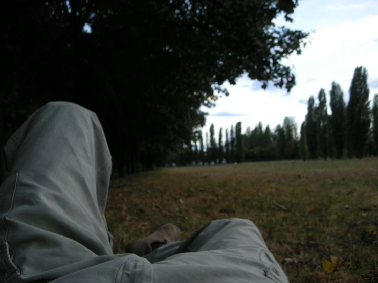 man lying on the ground with trees in the background