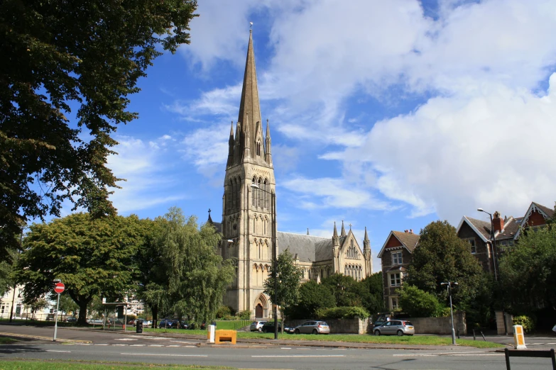 the large church has a very tall steeple