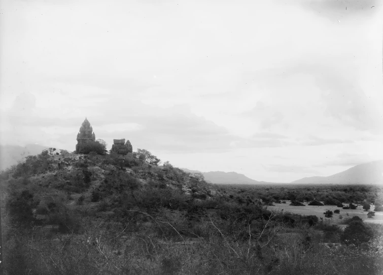 a black and white image of an old castle