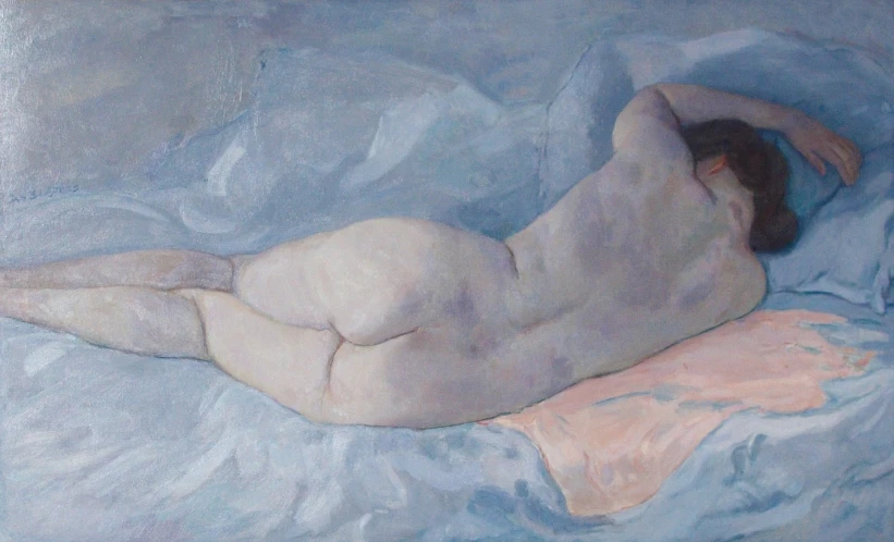 a painting of a  man in bed on the blue blanket