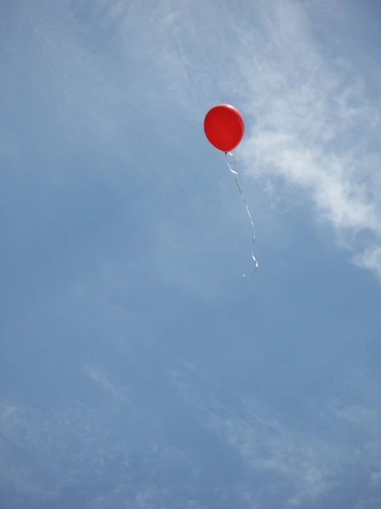 a red balloon is flying in the sky