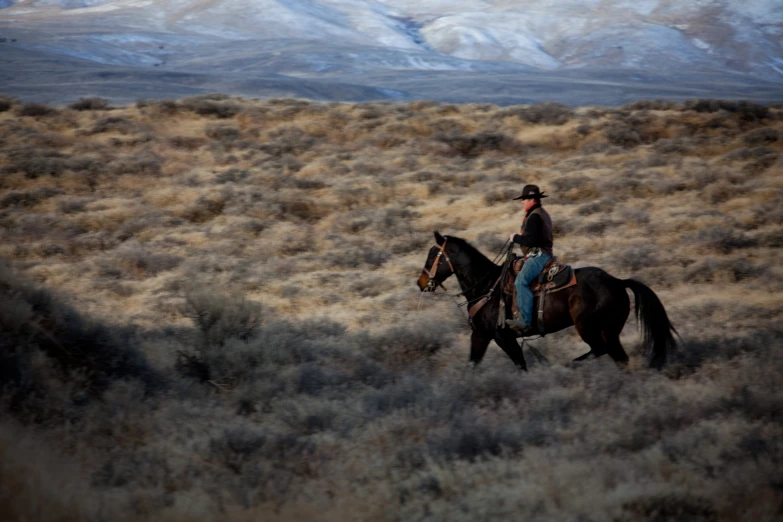 the cowboy is riding the horse across the mountains