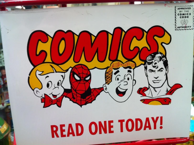an old fashioned sign showing comic characters in red and yellow colors