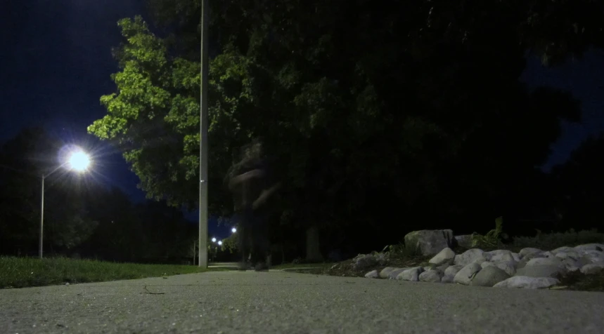 a street light on the side of a hill by a tree