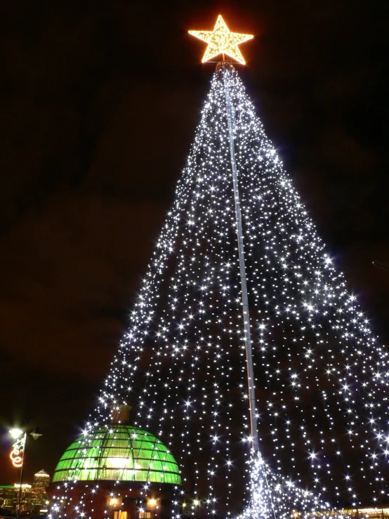 a christmas tree lit up with a star on top