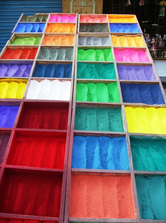 a building has many shelves that have different color