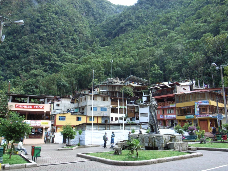 there are several buildings on this street corner