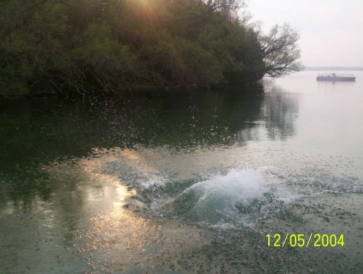 an airplane flying over the water at the lake