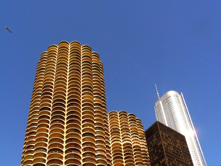 several skyscrs against a clear blue sky