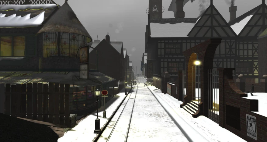 a street scene shows train tracks near some buildings