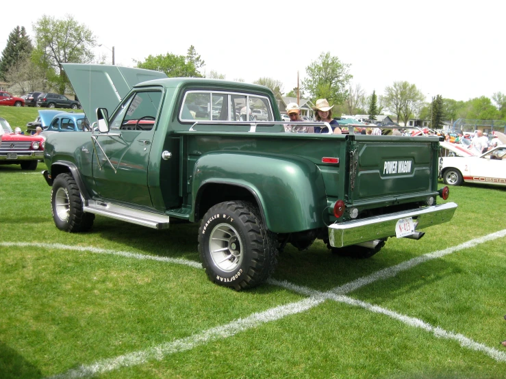 an older pickup truck is parked on some grass