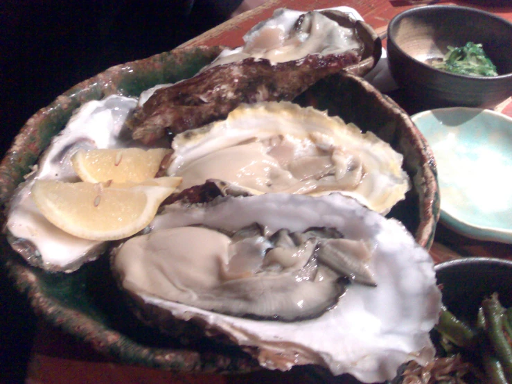 large open oysters sit in a bowl with a lime wedge and two bowls filled with another side dish
