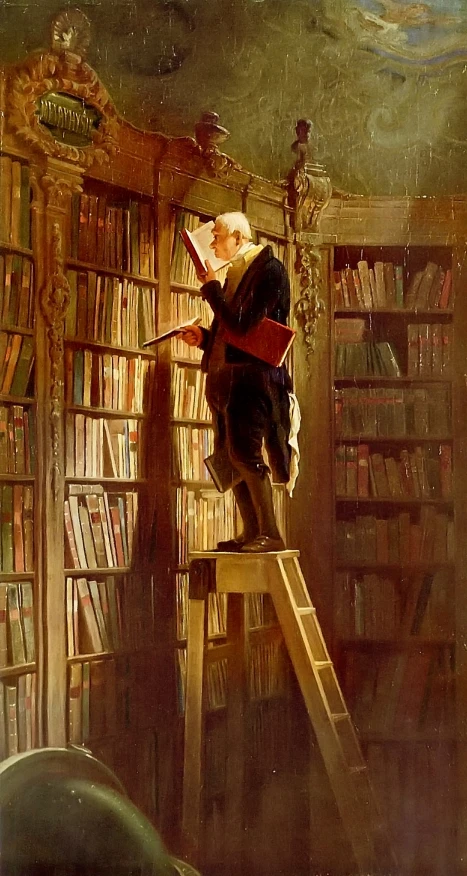 the painter is painting a room filled with books