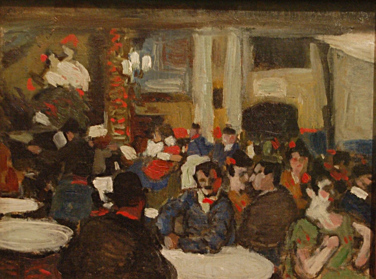 an abstract oil painting of a group of people gathered around a table