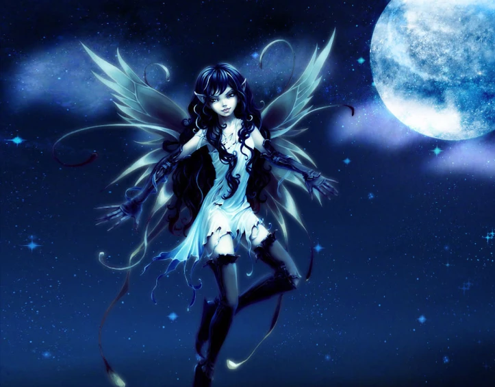 a fairy holding onto her arms in front of a moon