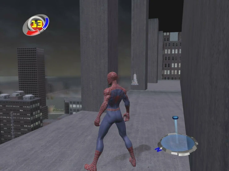 a spider - man is standing in the middle of an empty parking lot