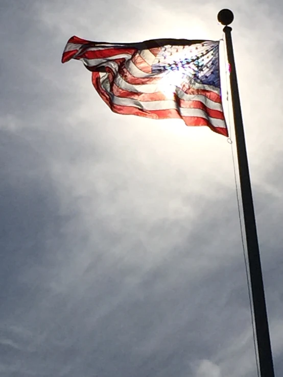 the american flag flying high in the sky