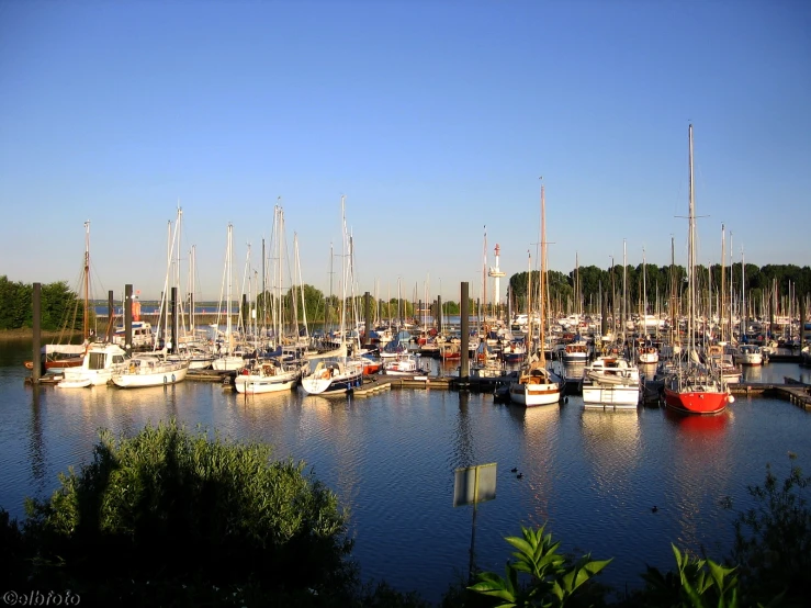 several boats are parked at the dock on a sunny day