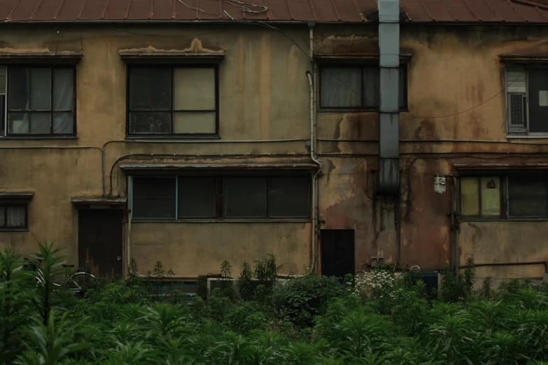 an abandoned building in the middle of a field with weeds