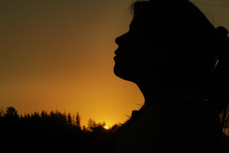 a silhouetted woman is looking out at a sunset